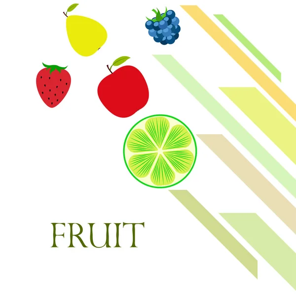 Fruit en bessen. Kleurrijke cartoon fruit iconen: appel, peer, BlackBerry, aardbei, limoen. Vector achtergrond. — Stockvector