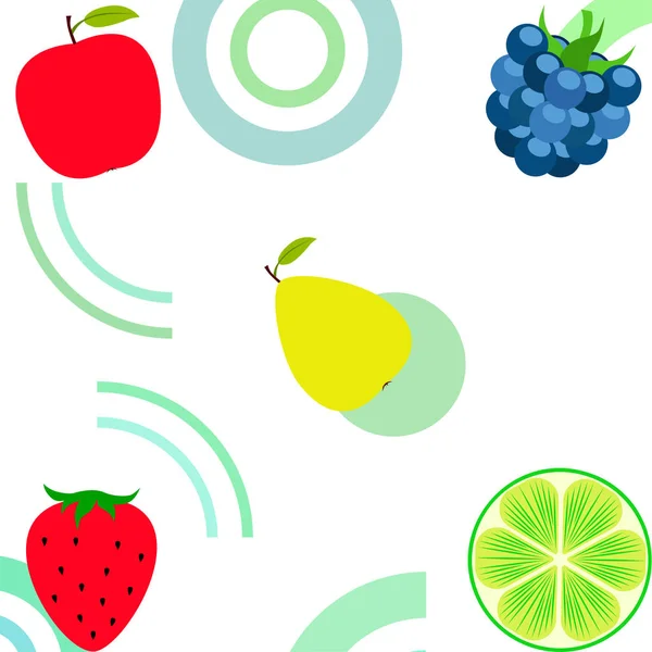 Fruits et baies. icônes colorées de fruits de dessin animé : pomme, poire, mûre, fraise, citron vert. Fond vectoriel . — Image vectorielle