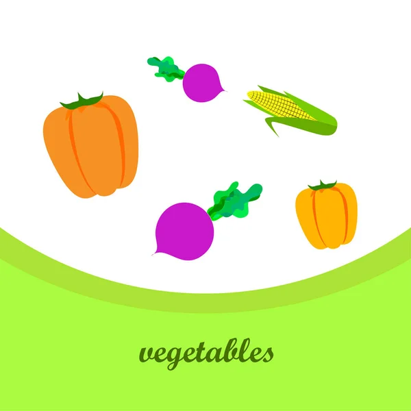 Légumes frais. Poivre, betterave, maïs. Affiche alimentaire biologique. Aménagement du marché agricole. Vecteur . — Image vectorielle