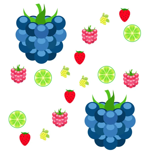 Frutas e bagas. Ícones de frutas de desenhos animados coloridos: amora-preta, framboesa, uva, morango, limão. Fundo vetorial . — Vetor de Stock