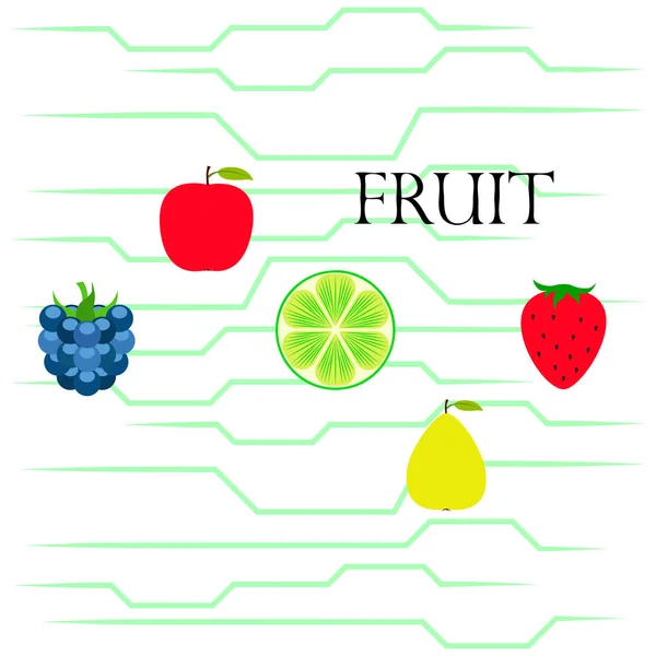 Fruits et baies. icônes colorées de fruits de dessin animé : pomme, poire, mûre, fraise, citron vert. Fond vectoriel . — Image vectorielle