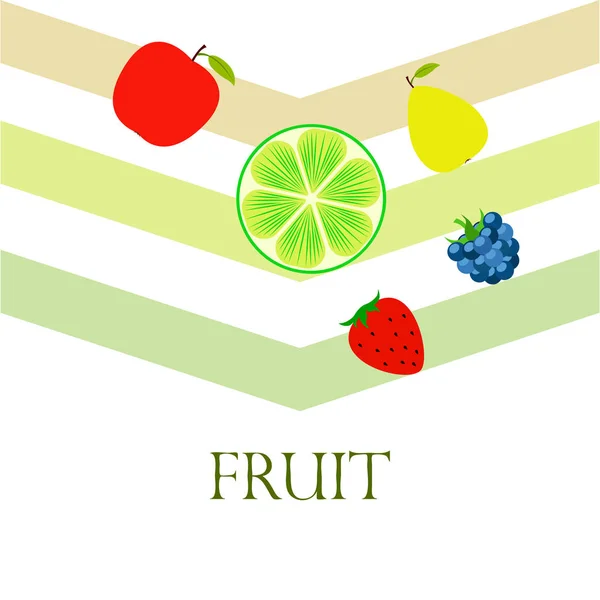 Früchte und Beeren. bunte Comic-Frucht-Ikonen: Apfel, Birne, Brombeere, Erdbeere, Limette. Vektorhintergrund. — Stockvektor