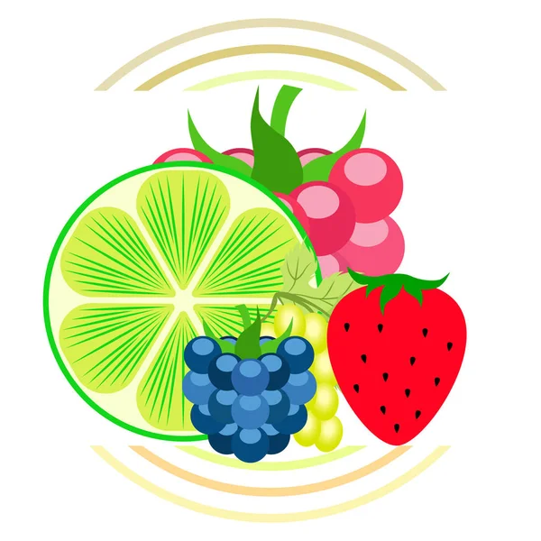 Fruits and berries. Colorful cartoon fruit icons: blackberry, raspberry, grape, strawberr, lime. Vector background. — Stock Vector