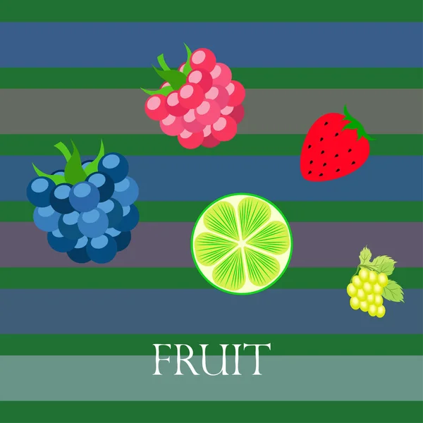 Fruits et baies. icônes colorées de fruits de dessin animé : mûre, framboise, raisin, fraise, citron vert. Fond vectoriel . — Image vectorielle