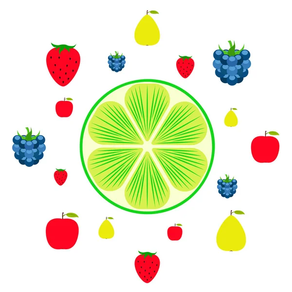 Frutas Bayas Iconos Coloridos Frutas Dibujos Animados Manzana Pera Mora — Vector de stock
