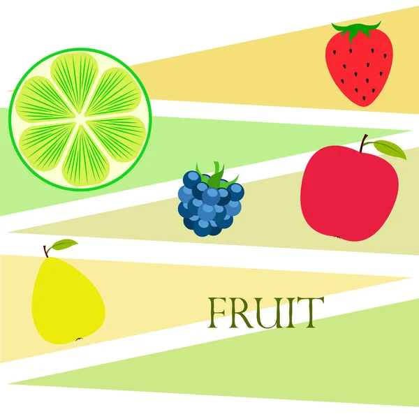 Frutas y bayas. Iconos coloridos de frutas de dibujos animados: manzana, pera, mora, fresa, lima. Fondo vectorial . — Vector de stock