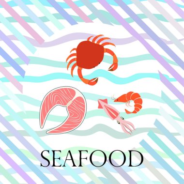 Balık, karides, yengeç, mürekkep balığı. Deniz ürünleri. Yemek ve restoran tasarımı.