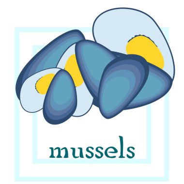 Midyeler taze deniz ürünleri. Vektör arka planı. Yemek ve restoran tasarımı.