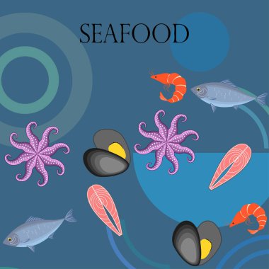 Deniz ürünleri vektör illüstrasyonu. Taze deniz balığı, midye, karides, ahtapot..