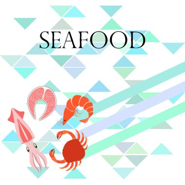 Balık, karides, yengeç, mürekkep balığı. Deniz ürünleri. Yemek ve restoran tasarımı.