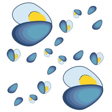 Midyeler taze deniz ürünleri. Vektör arka planı. Yemek ve restoran tasarımı.