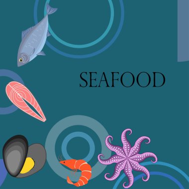 Deniz ürünleri vektör illüstrasyonu. Taze deniz balığı, midye, karides, ahtapot..