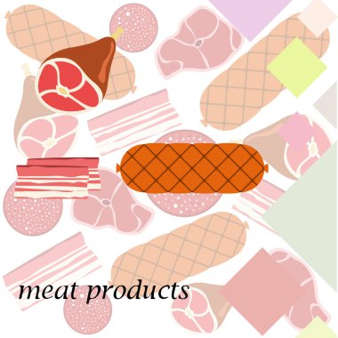 Sosis, biftek, bütün ayak, pastırma, taze et. Çiftlik mağazası konsepti için görüntü. Vektör arka planı.