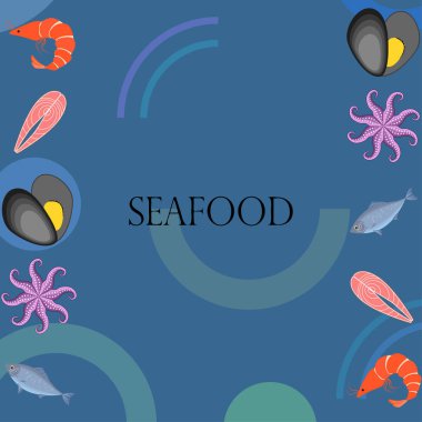 Deniz ürünleri vektör illüstrasyonu. Taze deniz balığı, midye, karides, ahtapot..