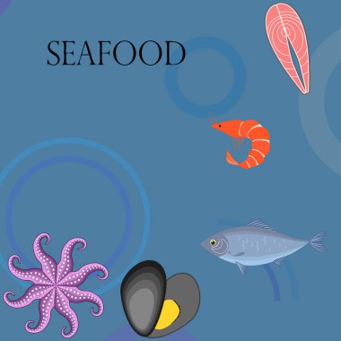 Deniz ürünleri vektör illüstrasyonu. Taze deniz balığı, midye, karides, ahtapot..