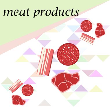 Sosis, biftek, domuz pastırması, taze et. Çiftlik mağazası konsepti için görüntü. Vektör arka planı.