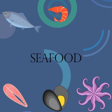Deniz ürünleri vektör illüstrasyonu. Taze deniz balığı, midye, karides, ahtapot..