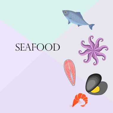 Deniz ürünleri vektör illüstrasyonu. Taze deniz balığı, midye, karides, ahtapot..