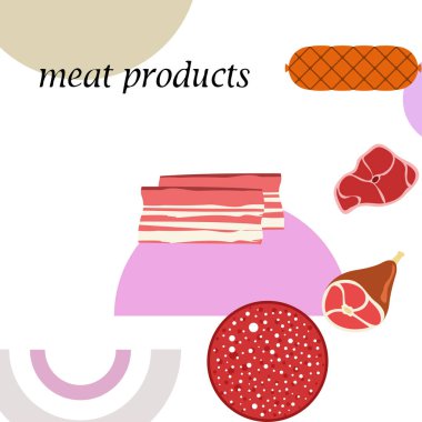 Sosis, biftek, bütün ayak, pastırma, taze et. Çiftlik mağazası konsepti için görüntü. Vektör arka planı.