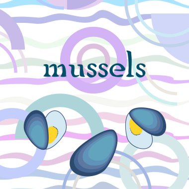 Midyeler taze deniz ürünleri. Vektör arka planı. Yemek ve restoran tasarımı.