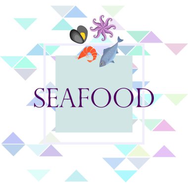 Deniz ürünleri vektör illüstrasyonu. Taze deniz balığı, midye, karides, ahtapot..