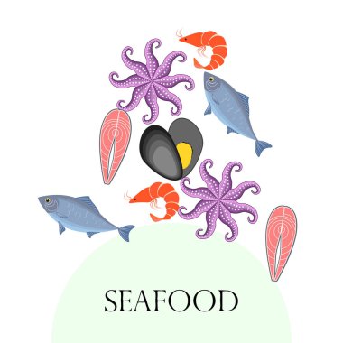 Deniz ürünleri vektör illüstrasyonu. Taze deniz balığı, midye, karides, ahtapot..