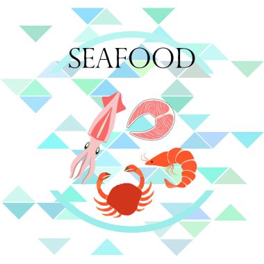 Balık, karides, yengeç, mürekkep balığı. Deniz ürünleri. Yemek ve restoran tasarımı.