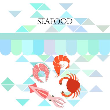 Balık, karides, yengeç, mürekkep balığı. Deniz ürünleri. Yemek ve restoran tasarımı.