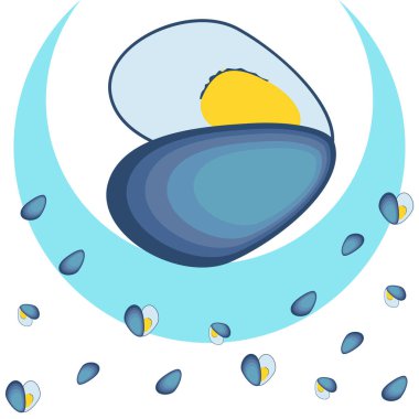 Midyeler taze deniz ürünleri. Vektör arka planı. Yemek ve restoran tasarımı.