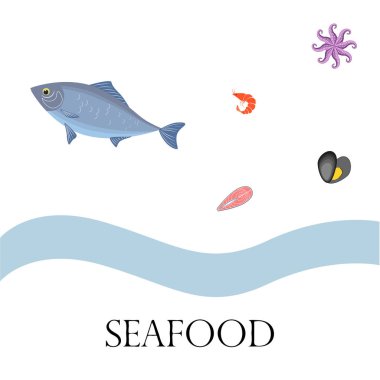 Deniz ürünleri vektör illüstrasyonu. Taze deniz balığı, midye, karides, ahtapot..