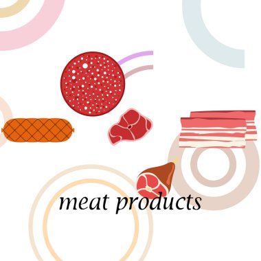 Sosis, biftek, bütün ayak, pastırma, taze et. Çiftlik mağazası konsepti için görüntü. Vektör arka planı.
