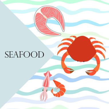 Balık, karides, yengeç, mürekkep balığı. Deniz ürünleri. Yemek ve restoran tasarımı.