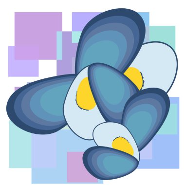 Midyeler taze deniz ürünleri. Vektör arka planı. Yemek ve restoran tasarımı.