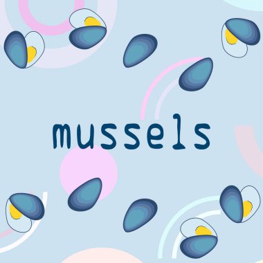 Midyeler taze deniz ürünleri. Vektör arka planı. Yemek ve restoran tasarımı.