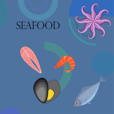 Deniz ürünleri vektör illüstrasyonu. Taze deniz balığı, midye, karides, ahtapot..