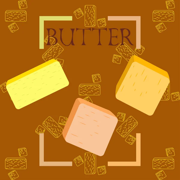 Vector yellow stick of butter. Slices of margarine or spread, fatty natural dairy product. High-calorie food for cooking and eating. — ストックベクタ