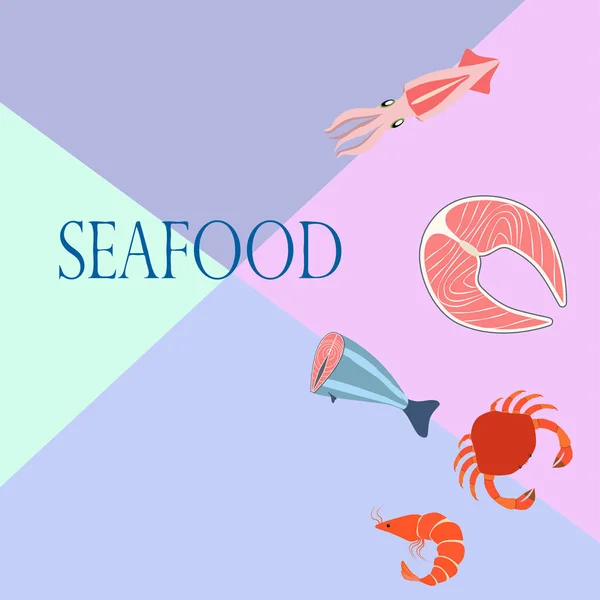 Рыба, креветки, крабы, кальмары. Векторные морепродукты. Дизайн продуктов питания и ресторанов. — стоковый вектор