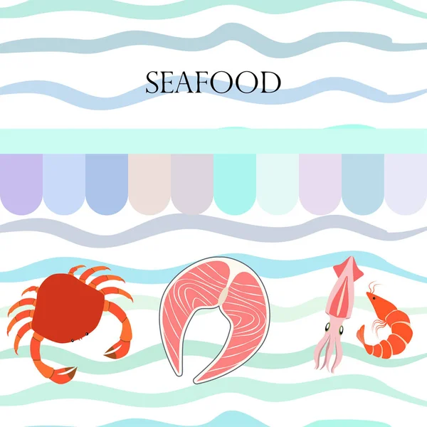 Fisch, Garnelen, Krabben, Kalmar. Vector Meeresfrüchte. Essen und Restaurantdesign. — Stockvektor