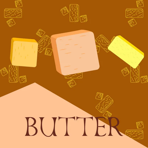 Vector pau amarelo de manteiga. Fatias de margarina ou espalhar, produtos lácteos naturais gordurosos. Alimentos ricos em calorias para cozinhar e comer . — Vetor de Stock