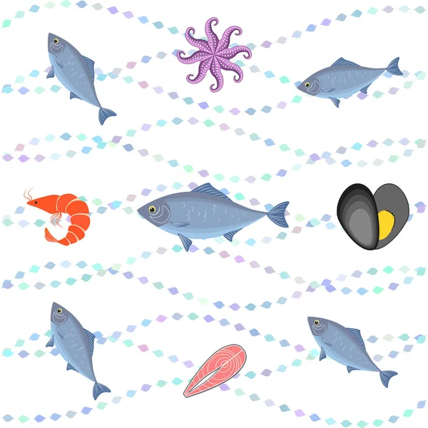 Illustrazione Vettoriale Dei Frutti Mare Pesce Mare Fresco Cozze Gamberetti — Vettoriale Stock