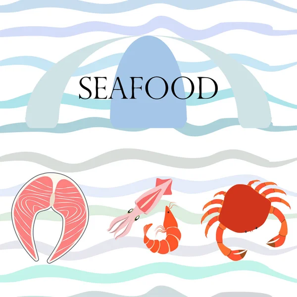 Pescado, camarones, cangrejo, calamar. Diseño de comida y restaurante. — Vector de stock