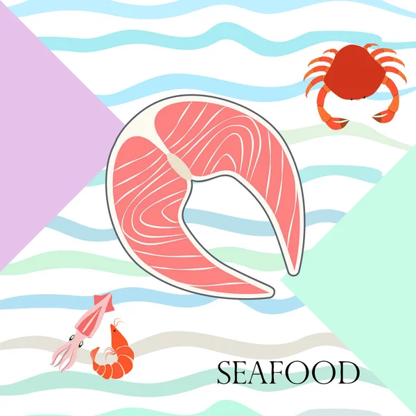 Pescado, camarones, cangrejo, calamar. Diseño de comida y restaurante. — Vector de stock