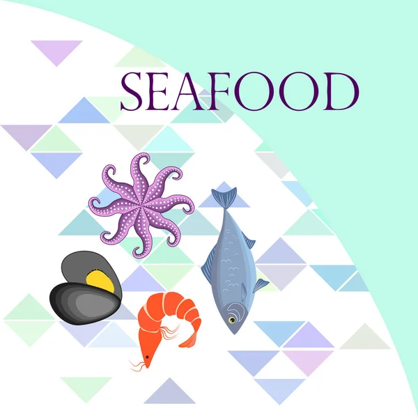 Ilustración de vectores de mariscos. Pescado de mar fresco, mejillón, camarones, pulpo. — Vector de stock