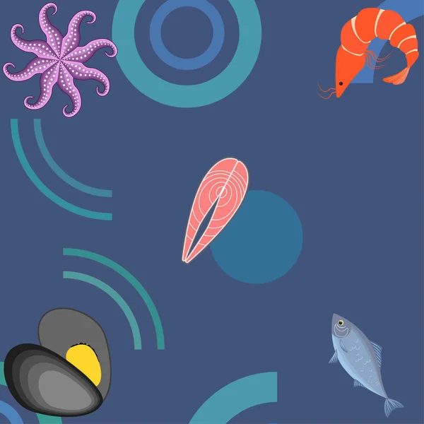 Meeresfrüchte Vektorillustration Frischer Meeresfisch Muscheln Garnelen Kraken — Stockvektor