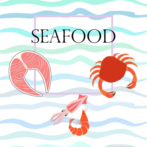 Pescado, camarones, cangrejo, calamar. Diseño de comida y restaurante. — Vector de stock