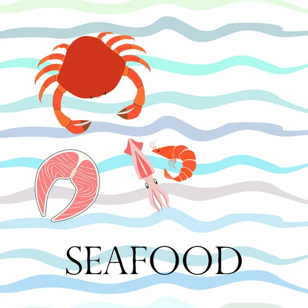 Fish, shrimp, crab, squid.Vector seafood. Food and restaurant design. — Stock Vector