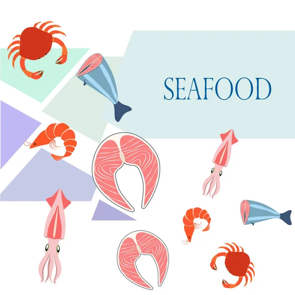 Ryby, krewetki, kraby, kalmary. Wektorowe owoce morza. Projektowanie żywności i restauracji. — Wektor stockowy