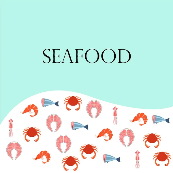 Balık, karides, yengeç, mürekkep balığı. Deniz ürünleri. Yemek ve restoran tasarımı. — Stok Vektör