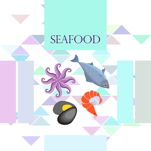 Seafood vector illustration. Fresh sea fish, mussel, shrimp, octopus. — Stock Vector