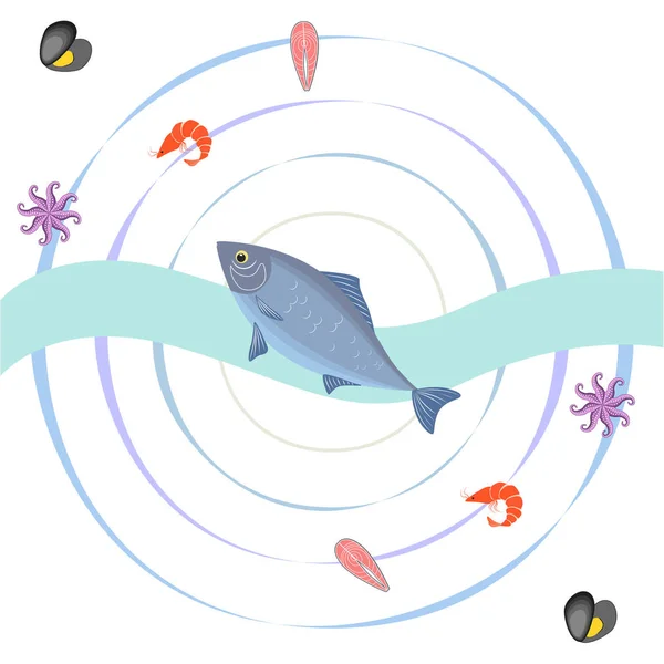 Meeresfrüchte Vektorillustration Frischer Meeresfisch Muscheln Garnelen Kraken — Stockvektor